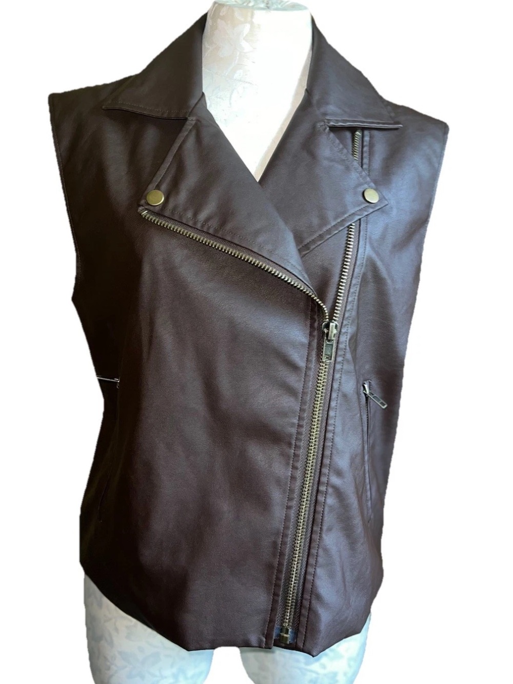 Mustard Seed Faux Leather Oversized Moto Vest Jacket Brown Size Small NWT - Picture 6 of 15